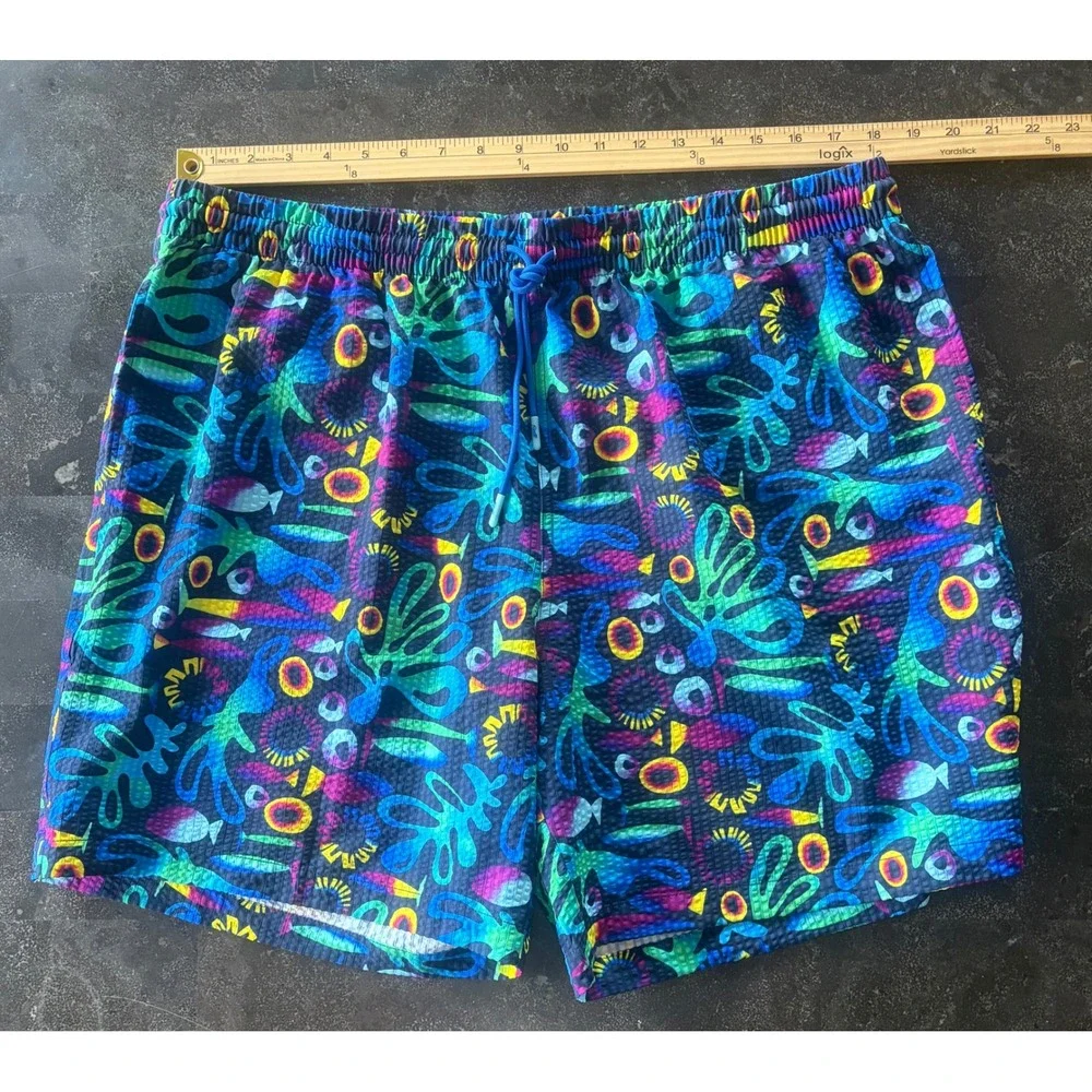 RSVLTS Mens 2XL Beersucker Swim Trunks Multicolor Abstract Fish Print Shorts